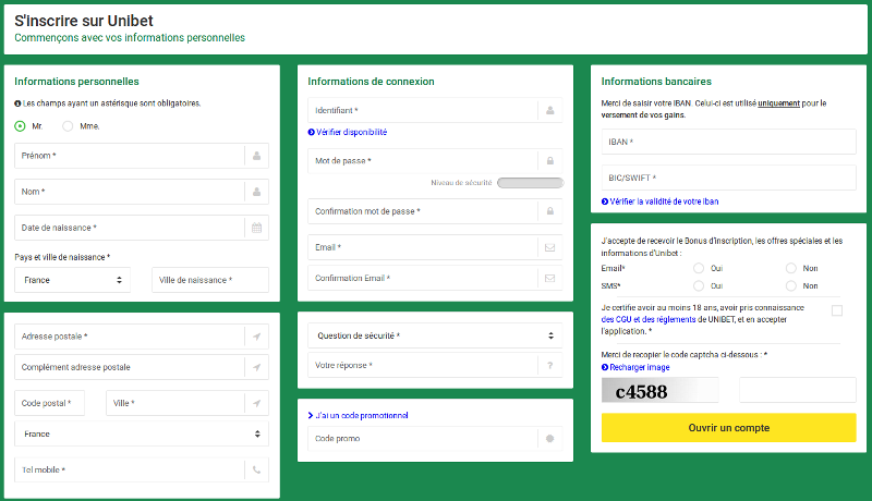Processus d'inscription sur unibet